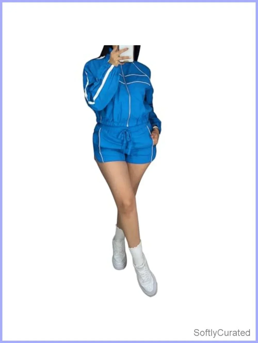 Women 2 Piece Tracksuit Long Sleeve Zip Up Cropped Jacket Matching Shorts